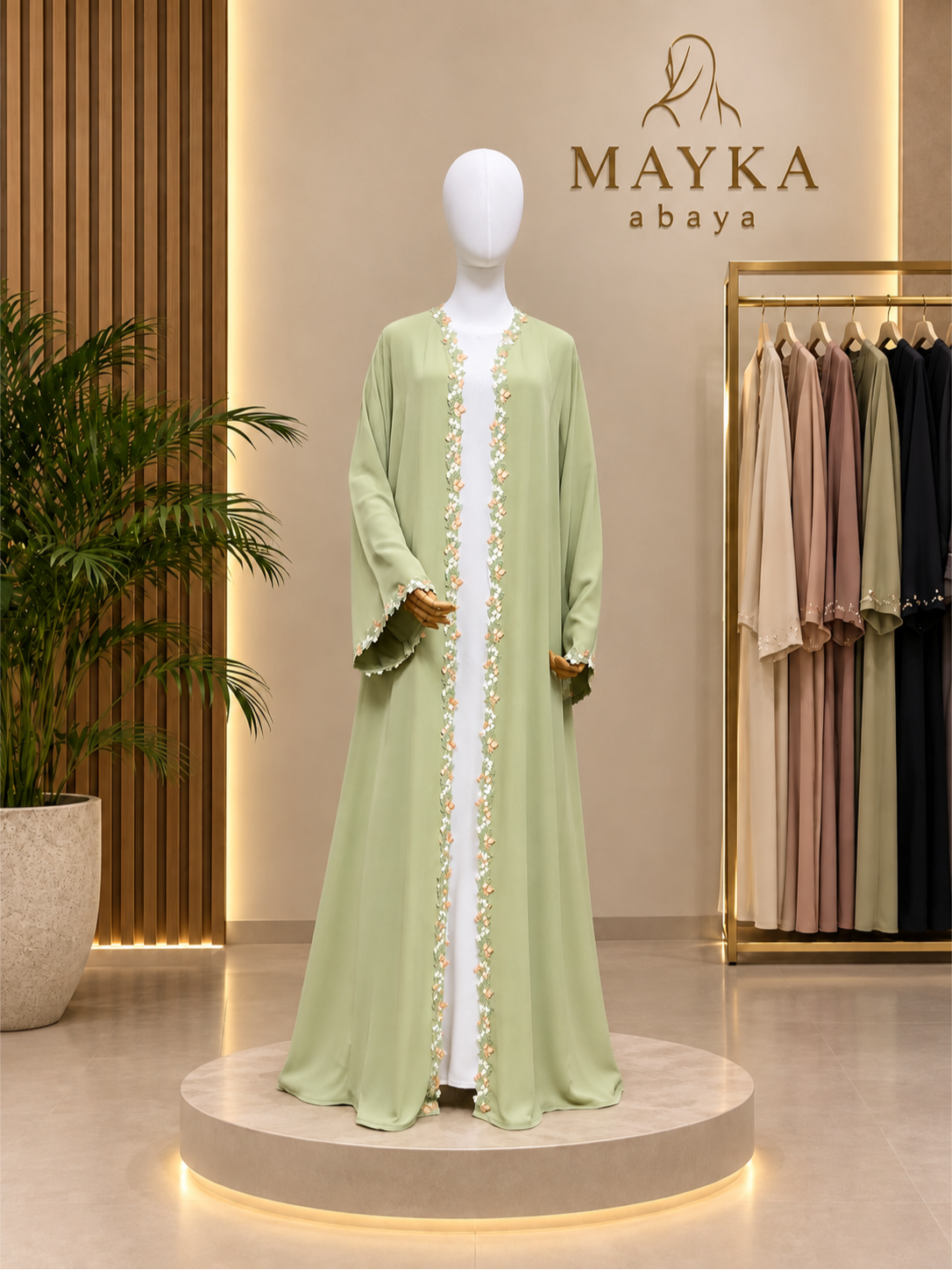 Pista Green Floral Lace Detail Abaya