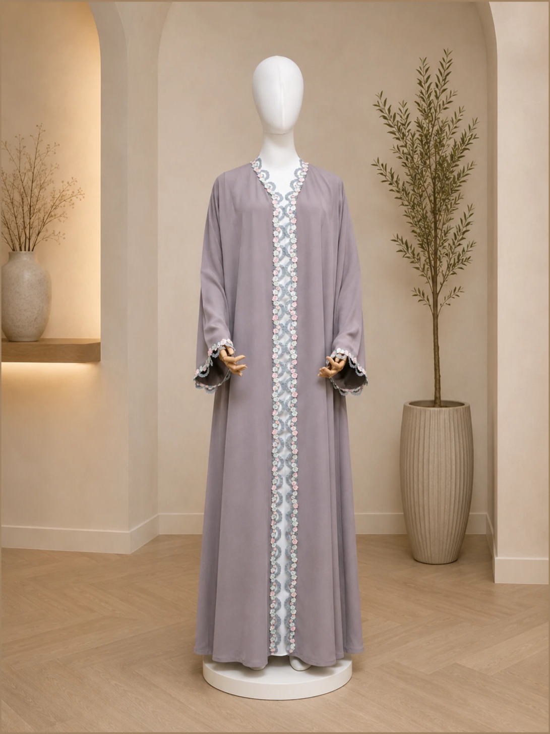 Rose Gray Lace Detail Abaya