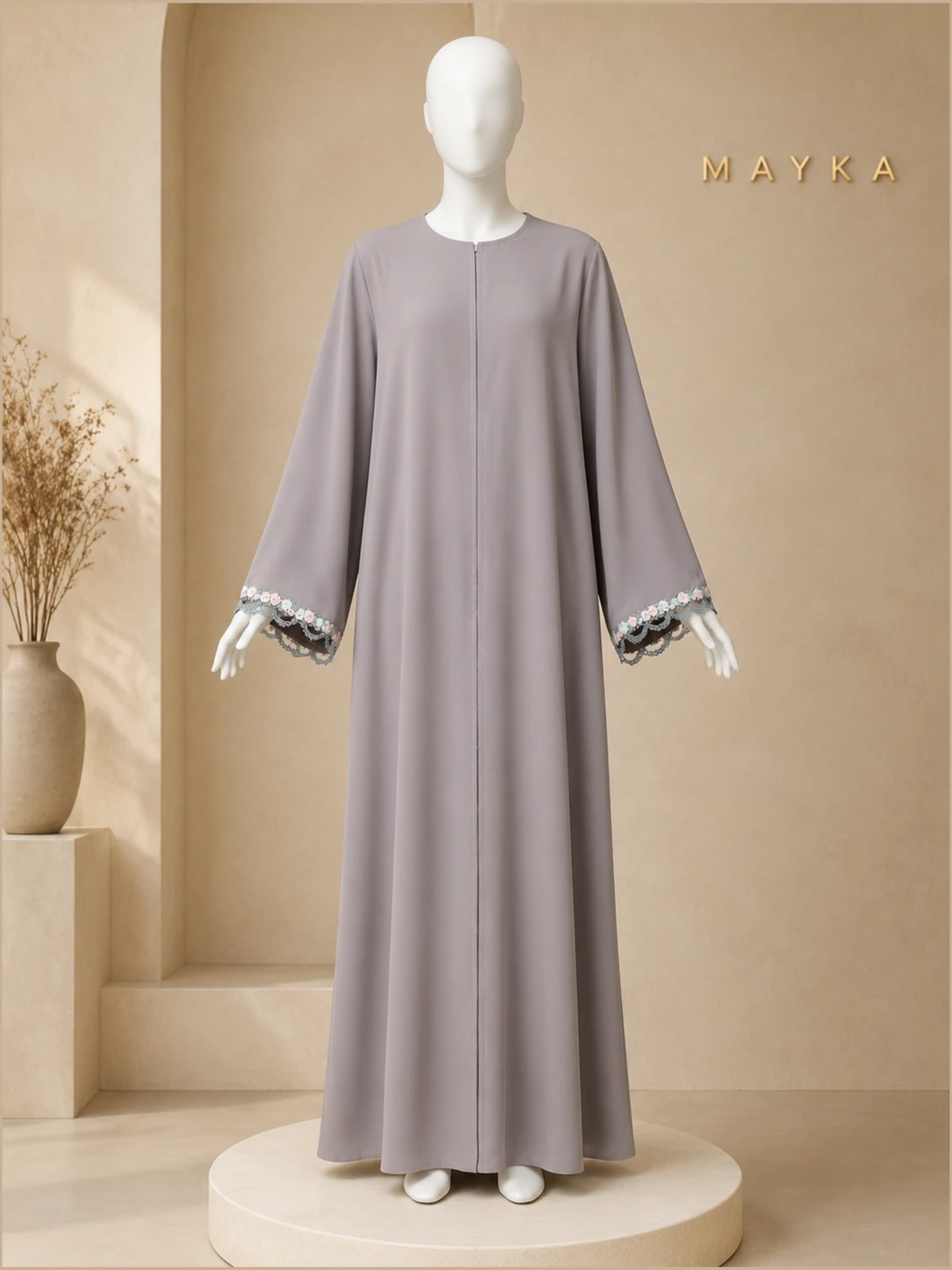 Rose Gray Lace On Sleevs Abaya