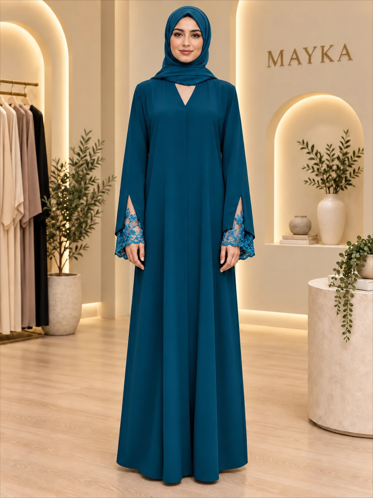 Teal Green Lace-Sleeve Abaya